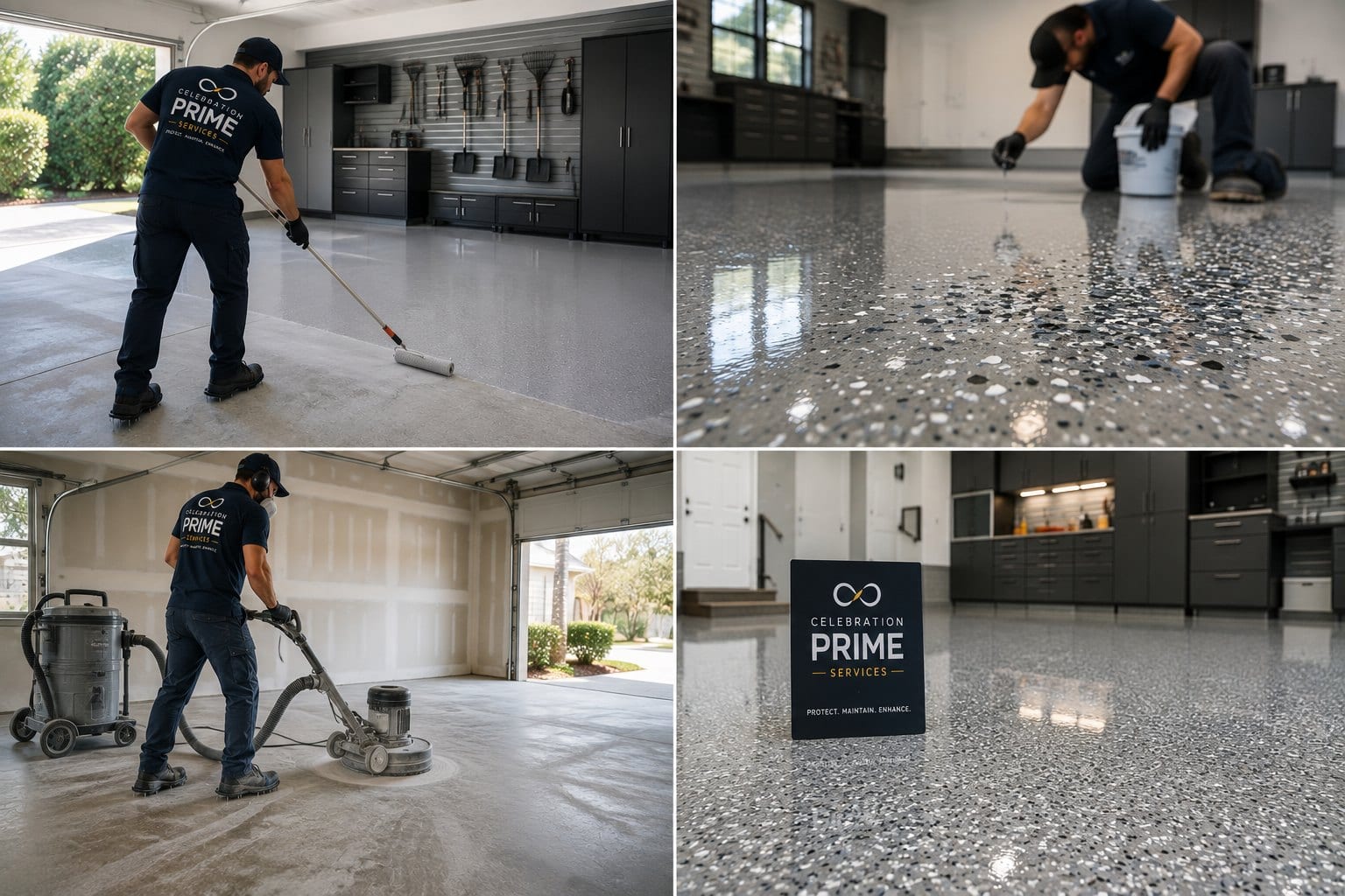 A Celebration Prime Services technician rolling an epoxy coating across a residential garage floor